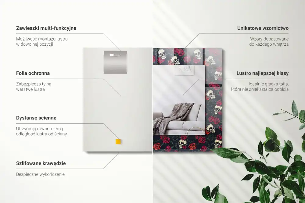 Pravokotne okrasno ogledalo Lobanje vrtnice trni