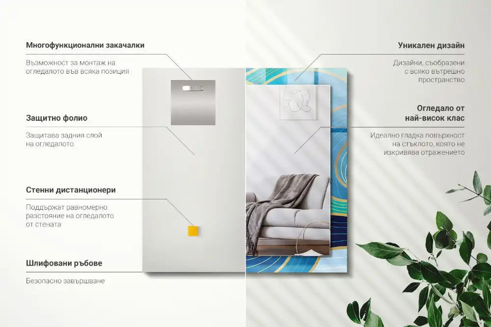 Pravokotne ogledalo s potiskanim okvirjem Modri ​​vzorci valov