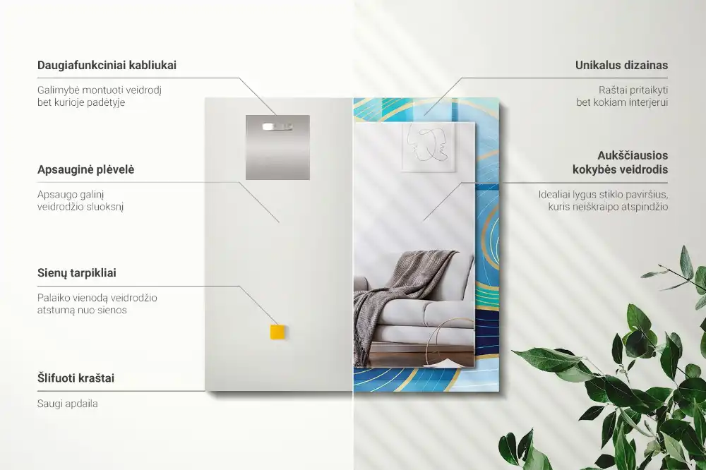 Pravokotne ogledalo s potiskanim okvirjem Modri ​​vzorci valov