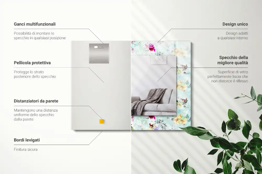 Tiskano pravokotne ogledalo Cvetje in ptice