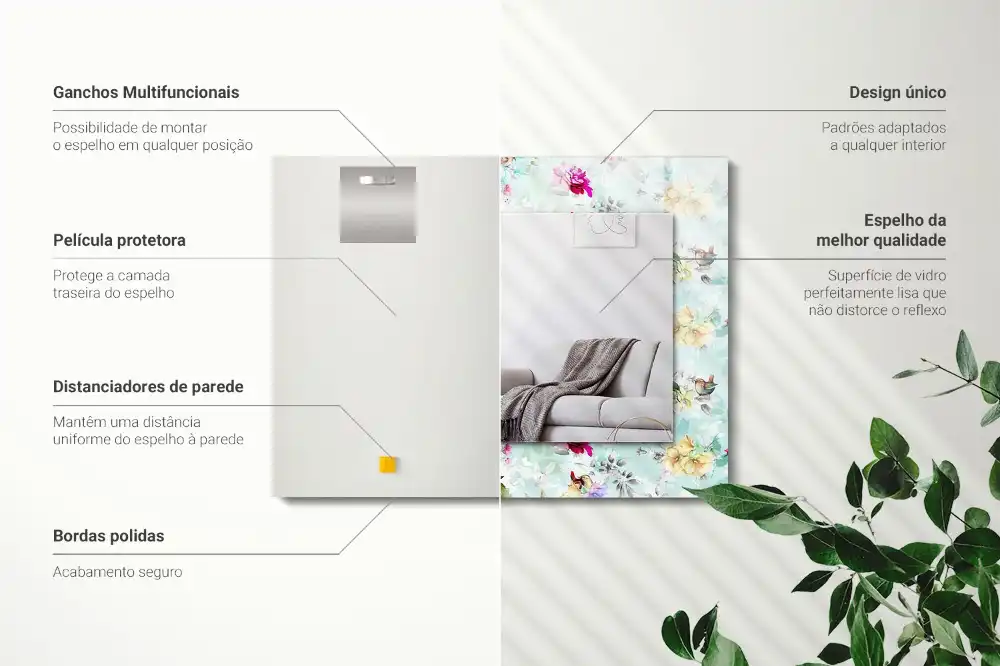 Tiskano pravokotne ogledalo Cvetje in ptice