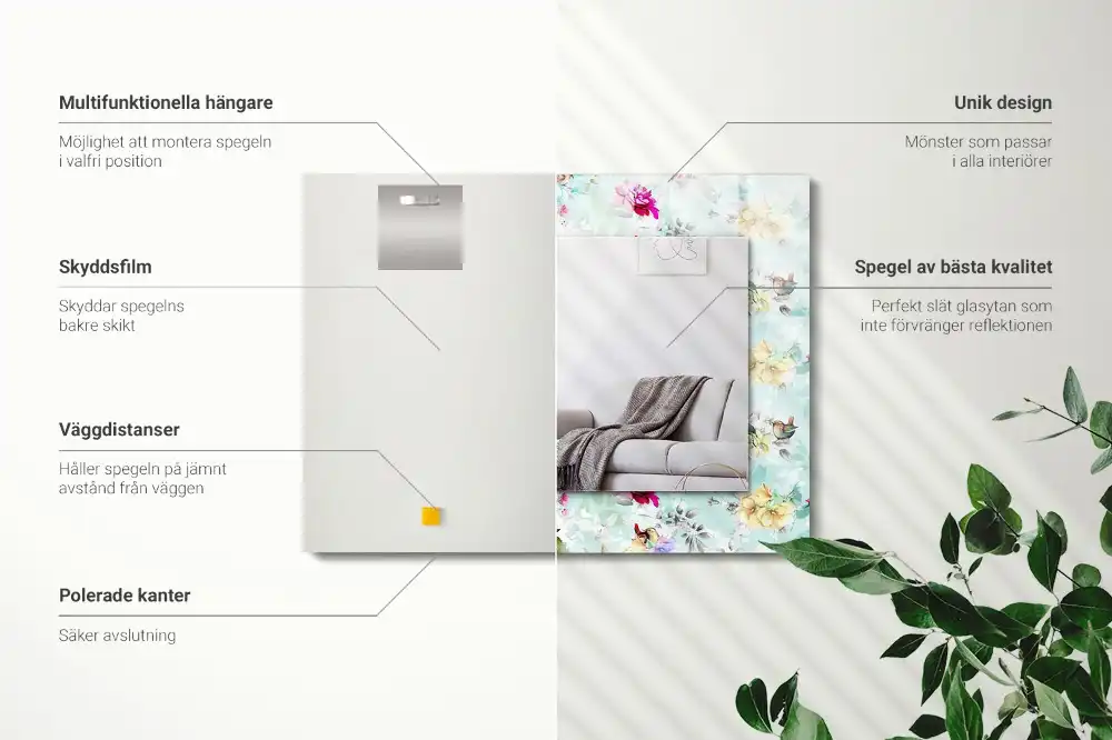 Tiskano pravokotne ogledalo Cvetje in ptice