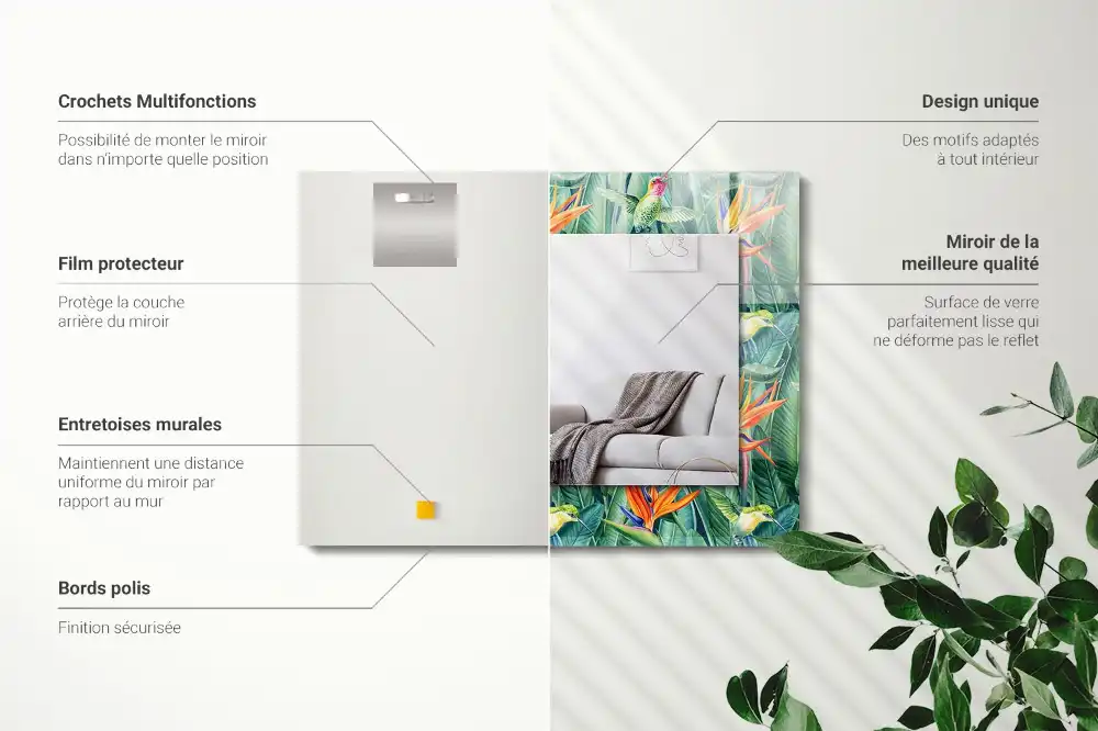 Pravokotne ogledalo s potiskanim okvirjem Kolibriji in rože