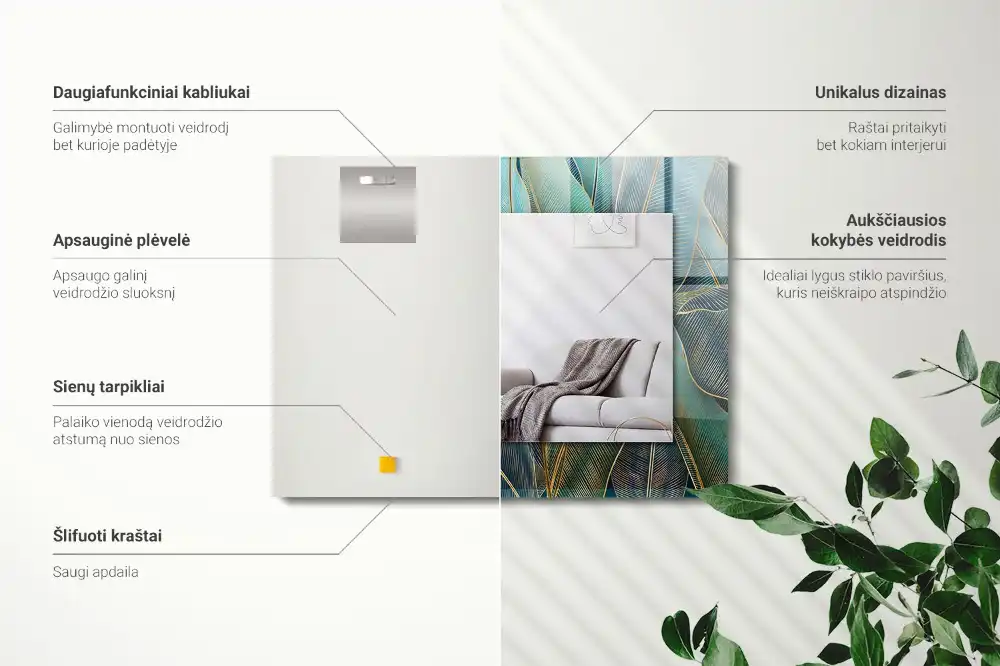 Pravokotne okrasno ogledalo Listne črte