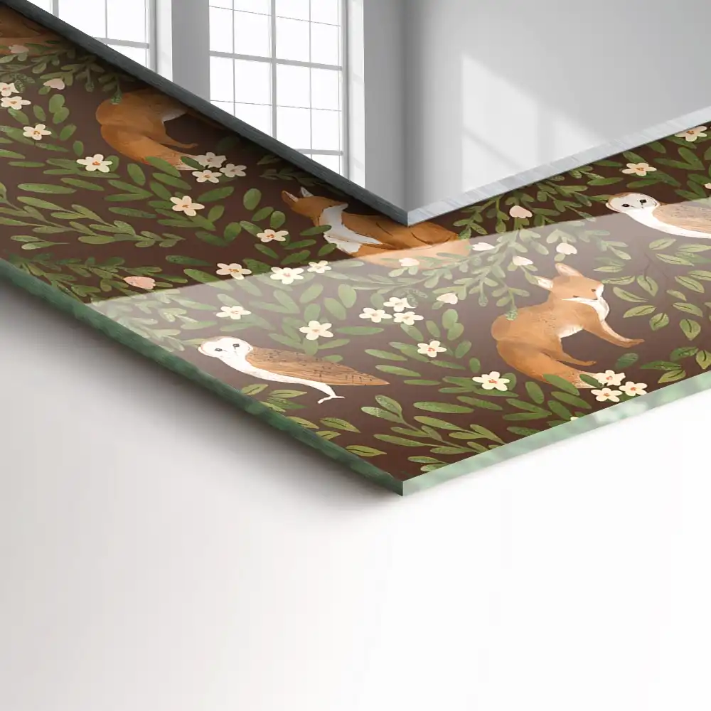 Pravokotne ogledalo s potiskanim okvirjem Lisica in sova