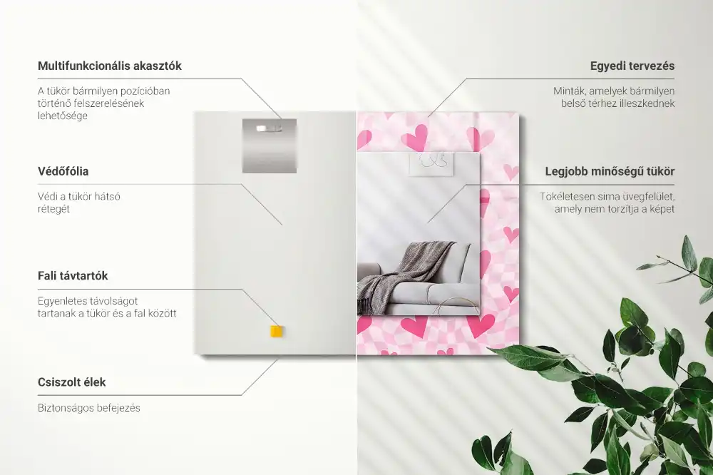 Pravokotne ogledalo s potiskanim okvirjem Rožnata srca