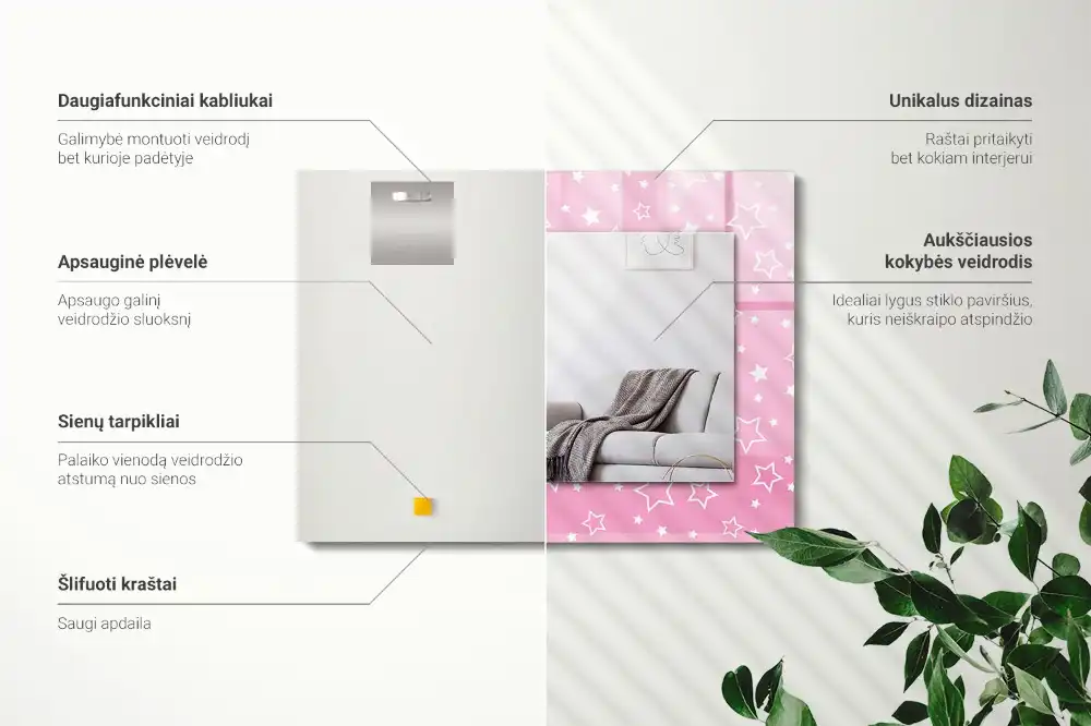 Pravokotne okrasno ogledalo Rožnate zvezde