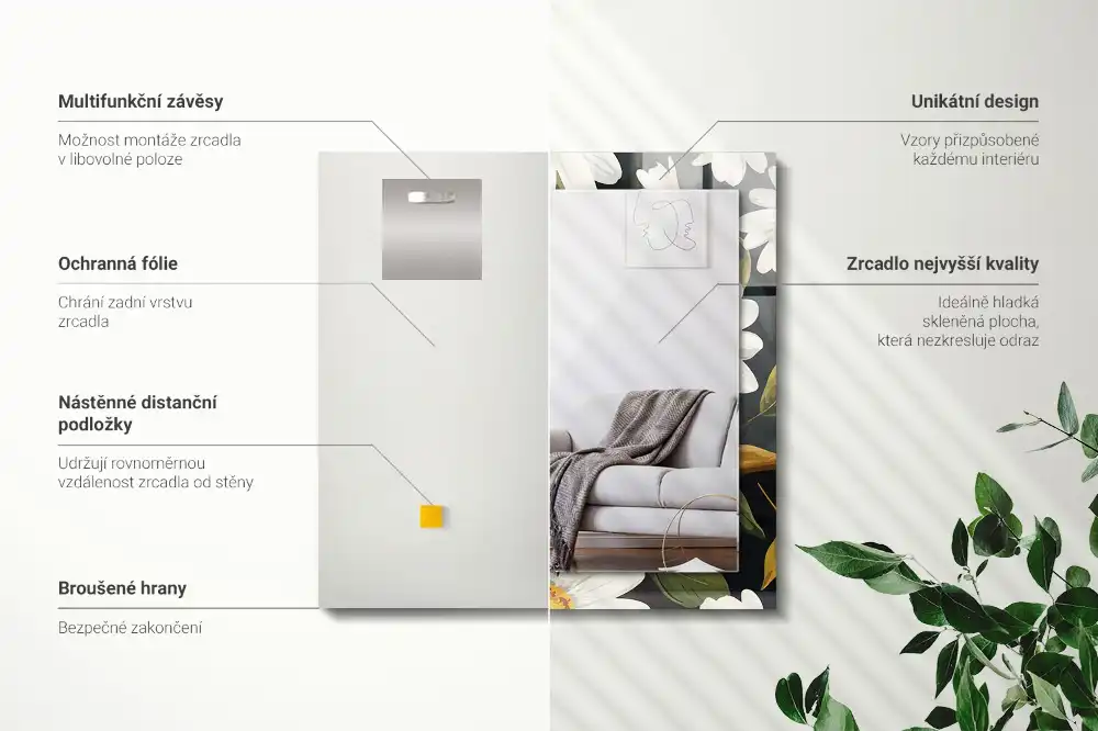 Tiskano pravokotne ogledalo Listi bele marjetice