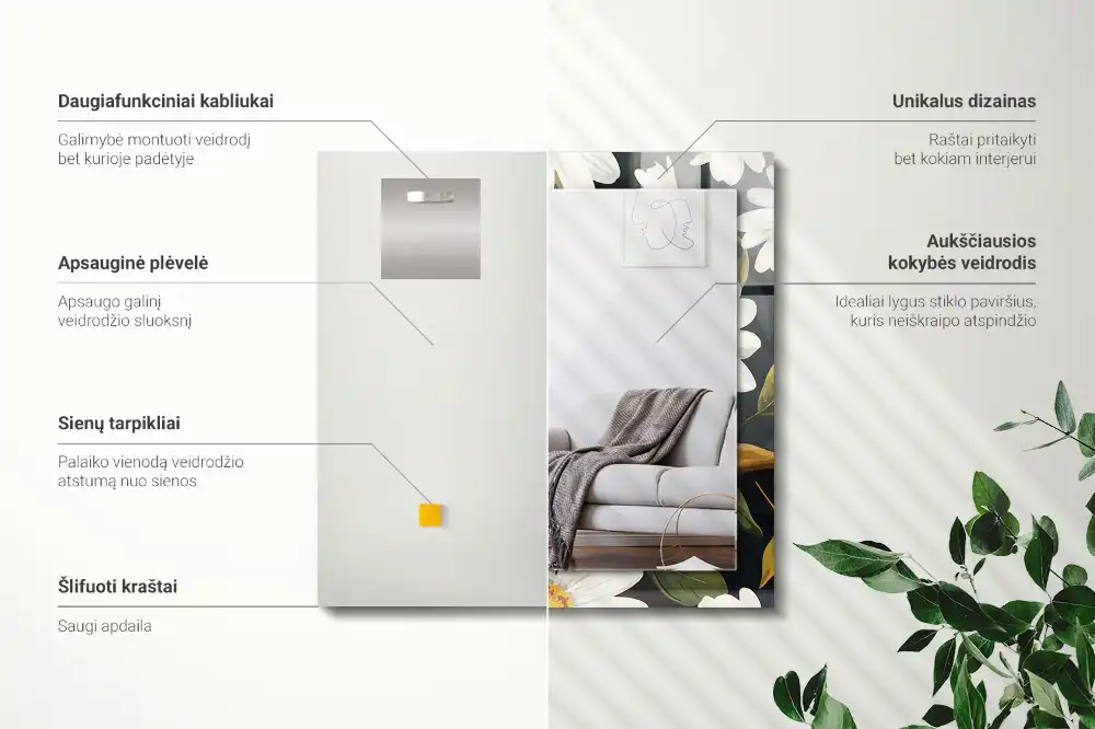 Tiskano pravokotne ogledalo Listi bele marjetice