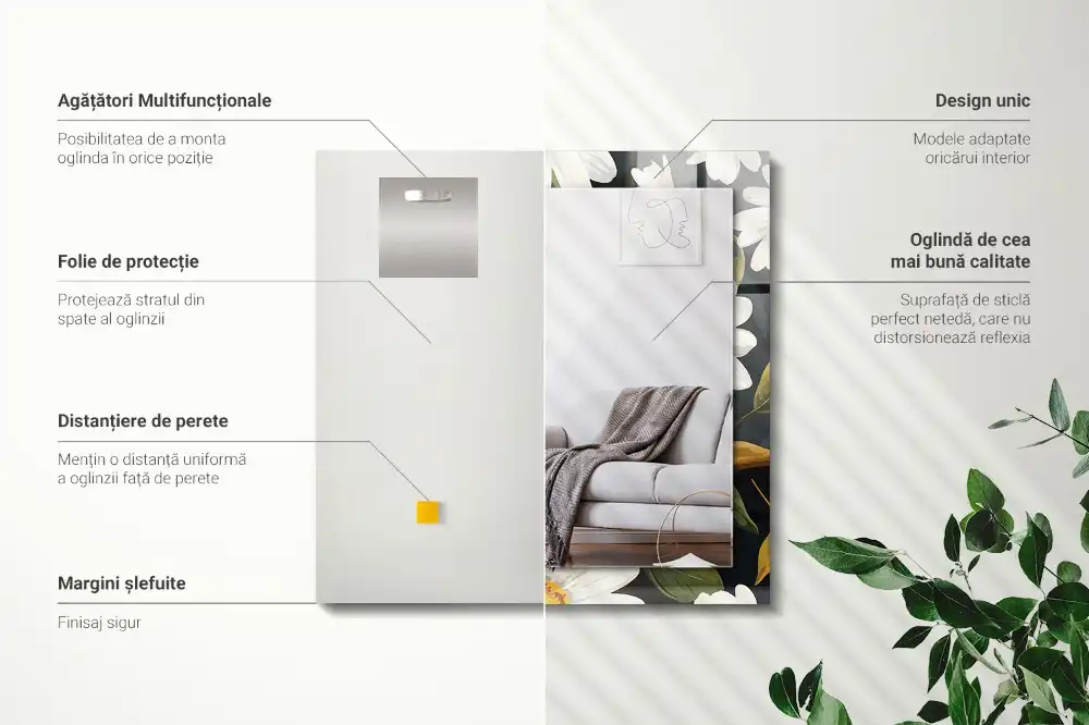 Tiskano pravokotne ogledalo Listi bele marjetice