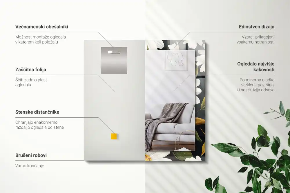 Tiskano pravokotne ogledalo Listi bele marjetice