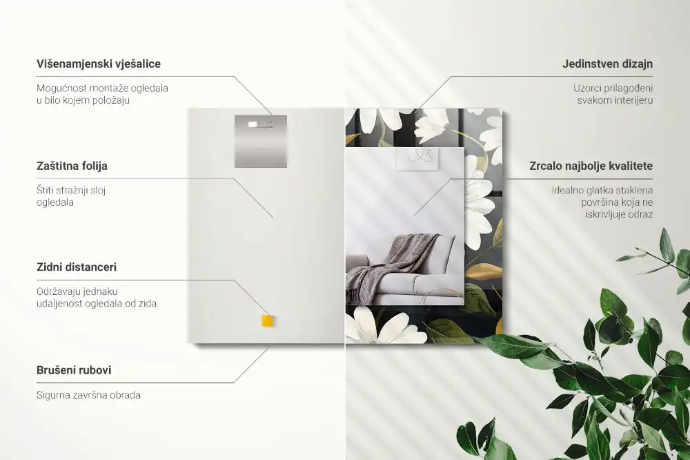 Tiskano pravokotne ogledalo Listi bele marjetice