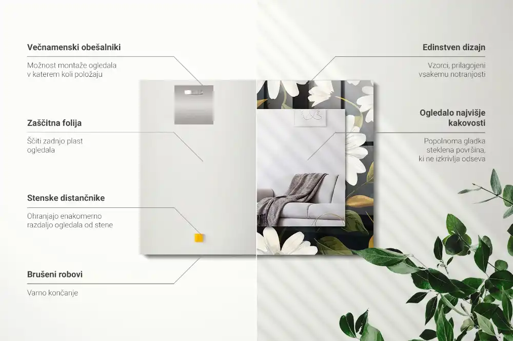 Tiskano pravokotne ogledalo Listi bele marjetice