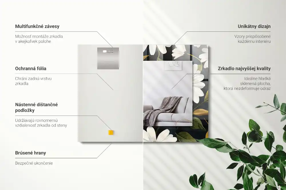 Tiskano pravokotne ogledalo Listi bele marjetice