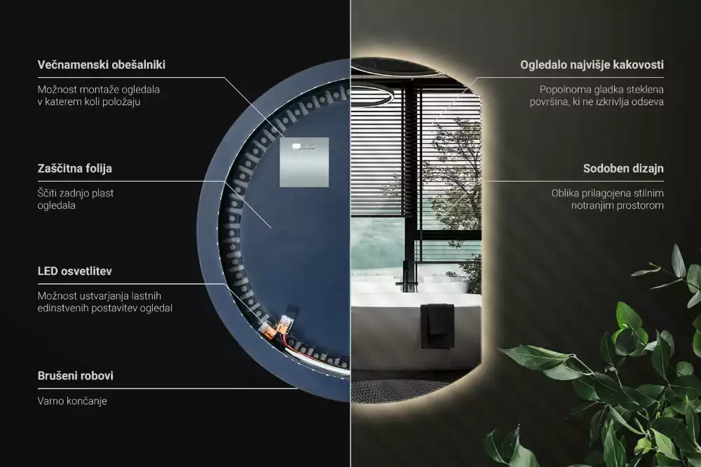 Polkrožno stensko ogledalo z LED osvetlitvijo