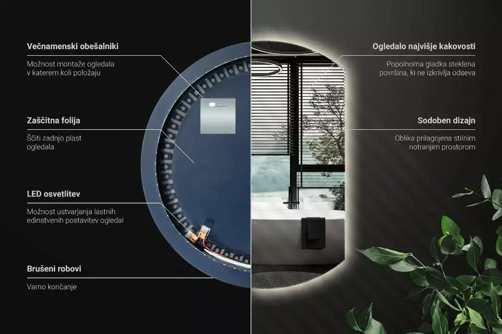 Polkrožno stensko ogledalo z LED osvetlitvijo