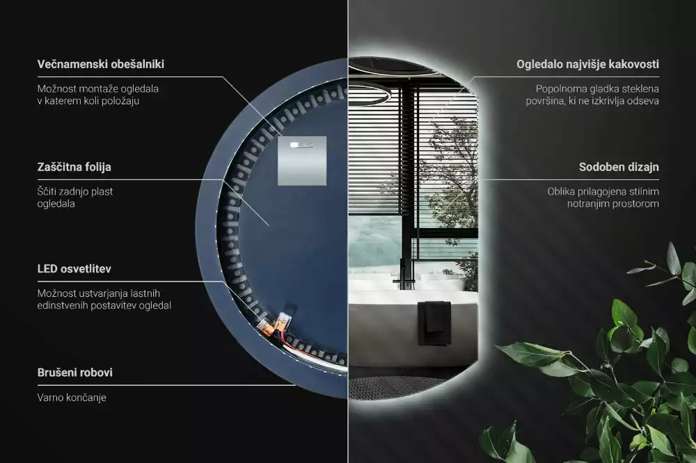 Polkrožno stensko ogledalo z LED osvetlitvijo